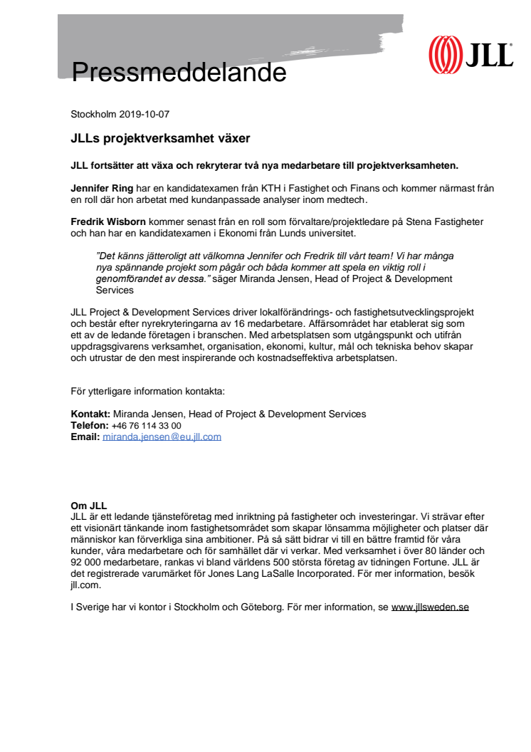 JLLs projektverksamhet växer 