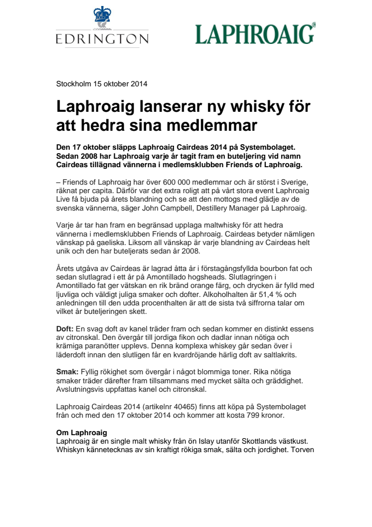 Laphroaig lanserar ny whisky för att hedra sina medlemmar