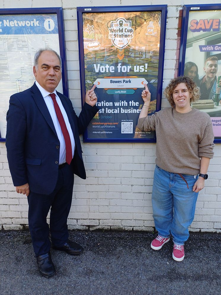 Leafy Bean owner Laura Monk and MP Bambos Charalambous is hoping passengers will vote for the Bowes Park