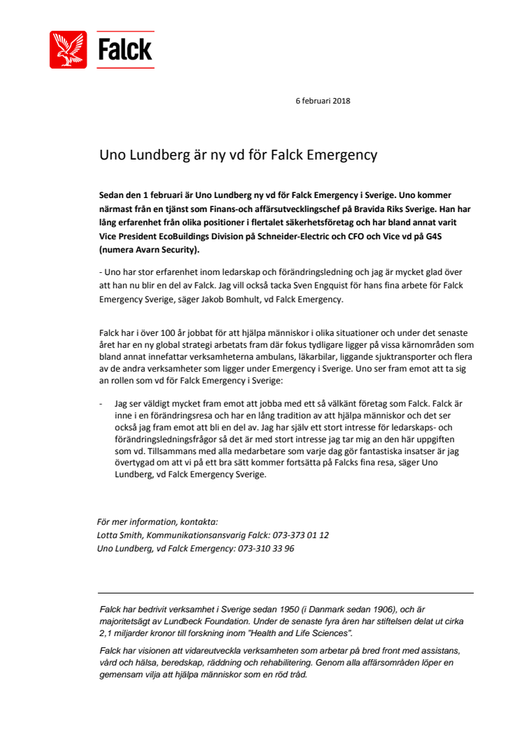 Uno Lundberg ny vd för Falck Emergency