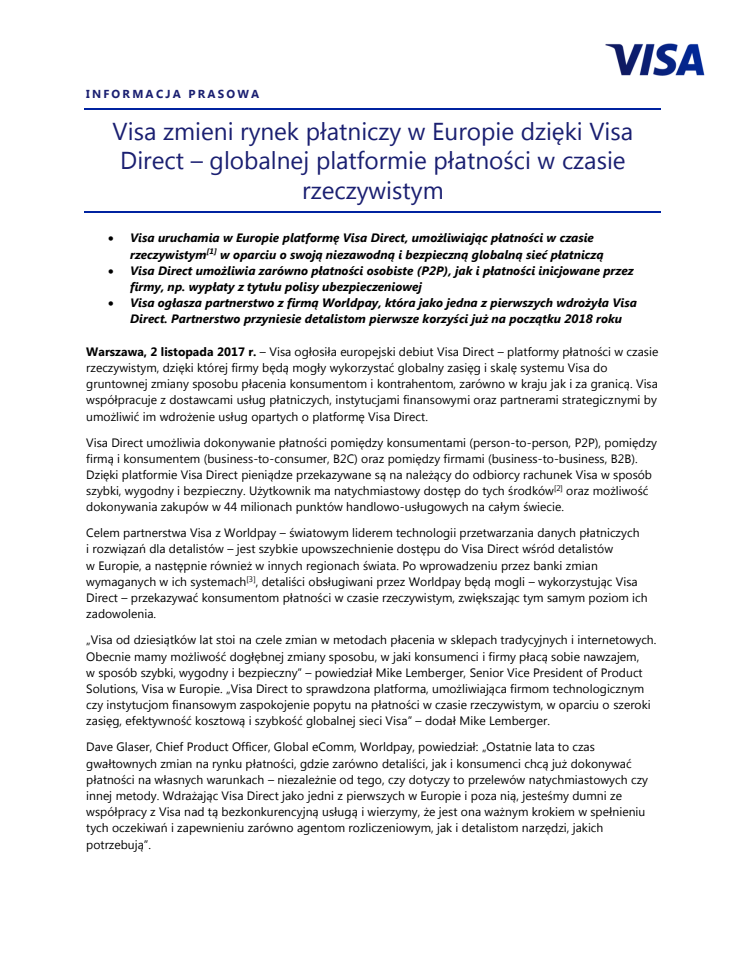 Visa zmieni rynek płatniczy w Europie dzięki Visa Direct – globalnej platformie płatności w czasie rzeczywistym