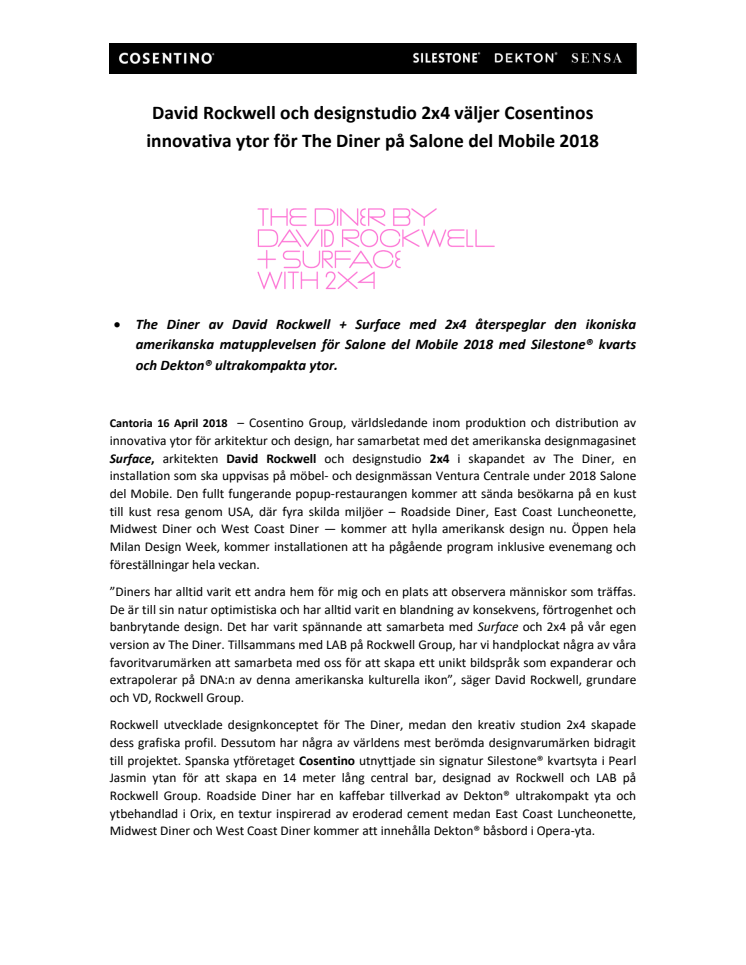 David Rockwell och designstudio 2x4 väljer Cosentinos innovativa ytor för The Diner på Salone del Mobile 2018