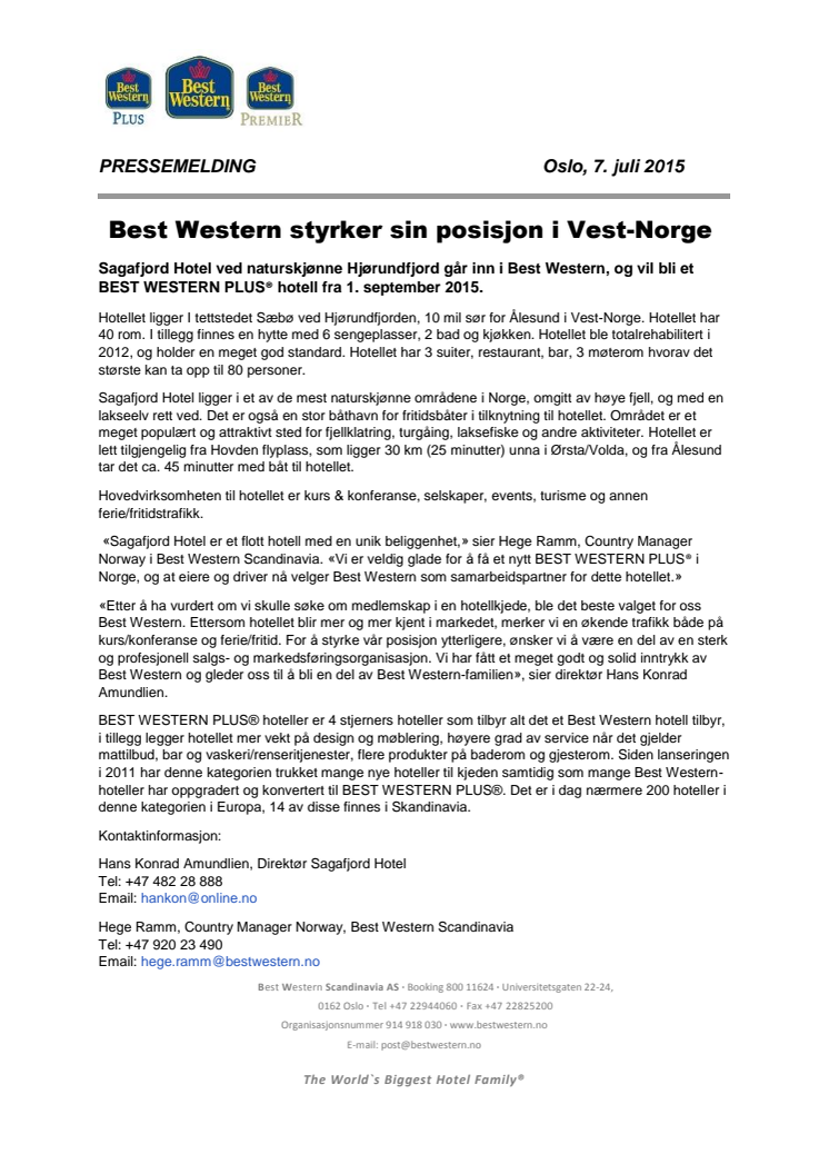 Best Western styrker sin posisjon i Vest-Norge 