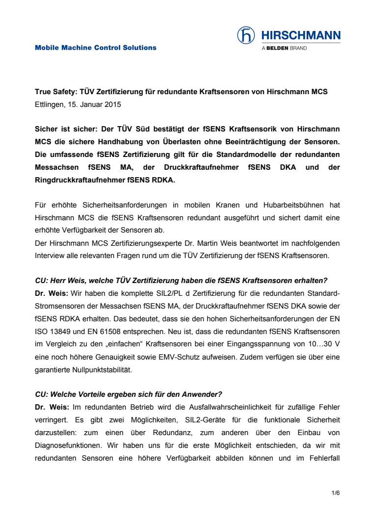 True Safety: TÜV Zertifizierung für redundante Kraftsensoren von Hirschmann MCS 