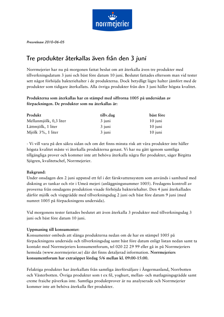Tre produkter återkallas även från den 3 juni  