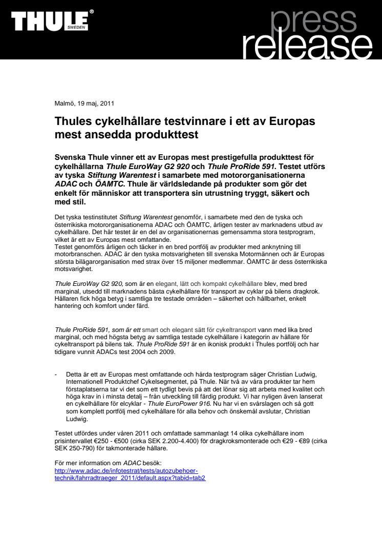 Thules cykelhållare testvinnare i ett av Europas mest ansedda produkttest
