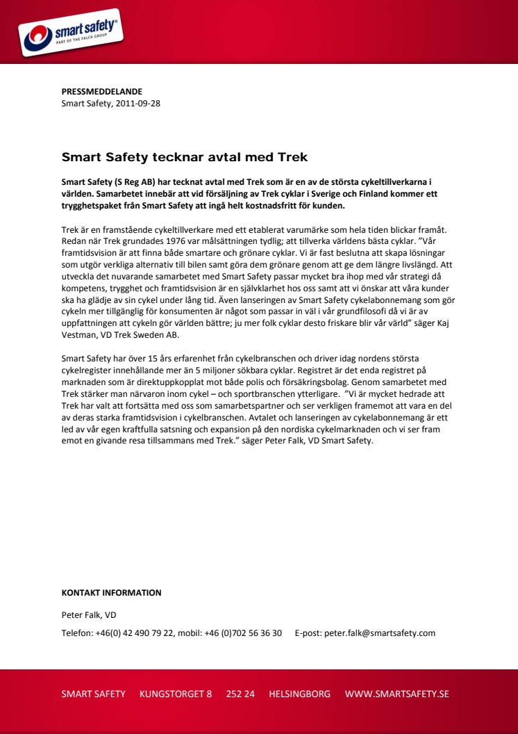 Smart Safety tecknar avtal med Trek