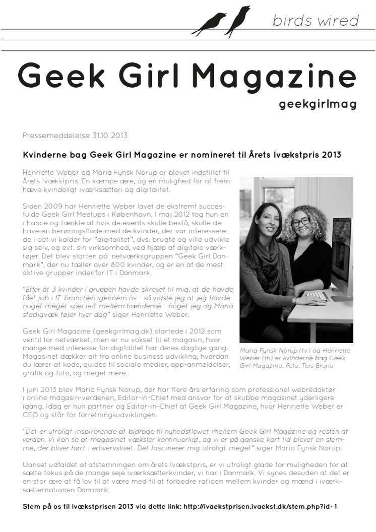 Kvinderne bag Geek Girl Magazine er nomineret til årets Ivækstpris 2013