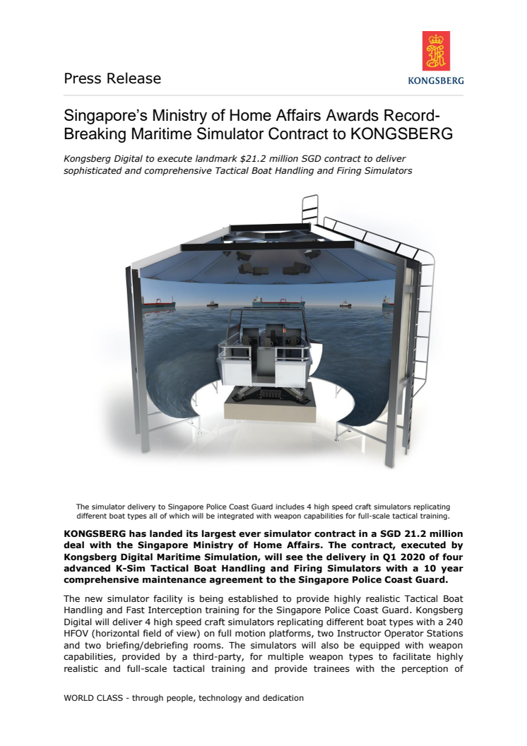 Kongsberg Digital: Singapore’s Ministry of Home Affairs Awards Record-Breaking Maritime Simulator Contract to KONGSBERG