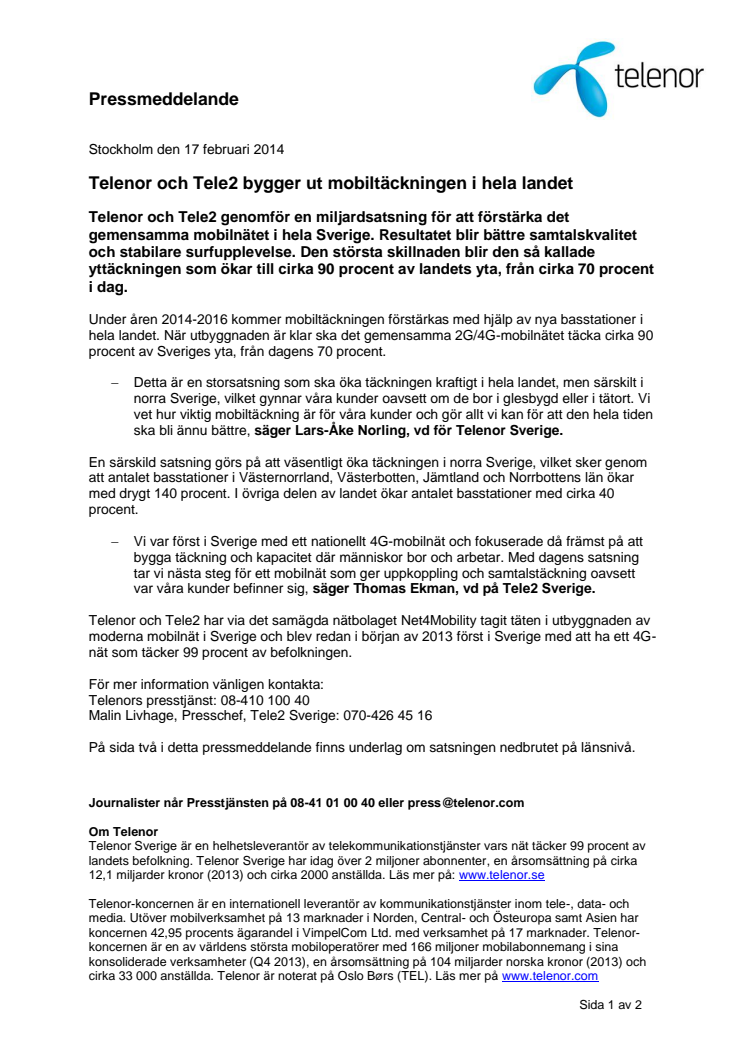 Telenor och Tele2 bygger ut mobiltäckningen i hela landet