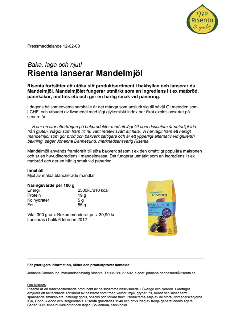 Risenta lanserar Mandelmjöl