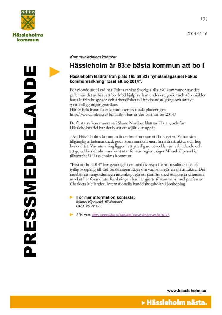 Hässleholm är 83:e bästa kommun att bo i