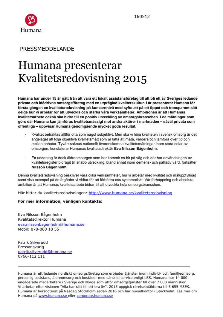 Humana presenterar Kvalitetsredovisning 2015