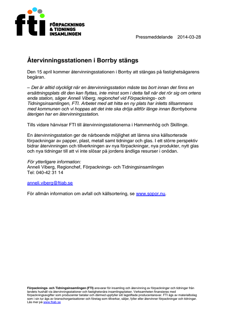 Återvinningsstationen i Borrby stängs