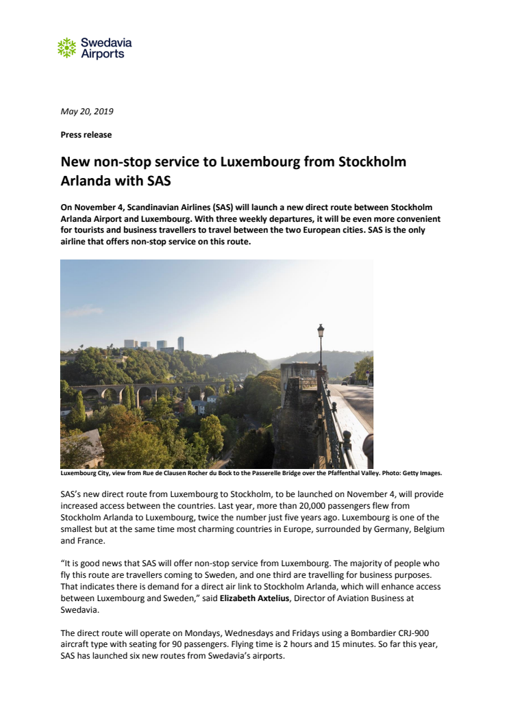 New non-stop service to Luxembourg from Stockholm Arlanda with SAS