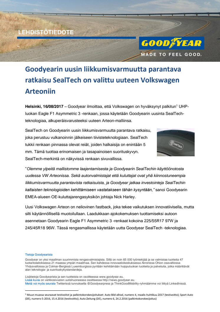 Goodyearin uusin liikkumisvarmuutta parantava ratkaisu SealTech on valittu uuteen Volkswagen Arteoniin