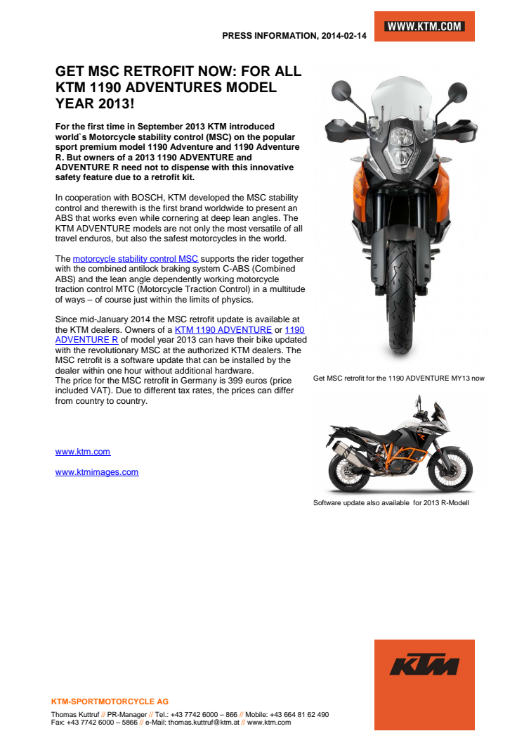 GET MSC RETROFIT NOW: FOR ALL KTM 1190 ADVENTURES MODEL YEAR 2013!