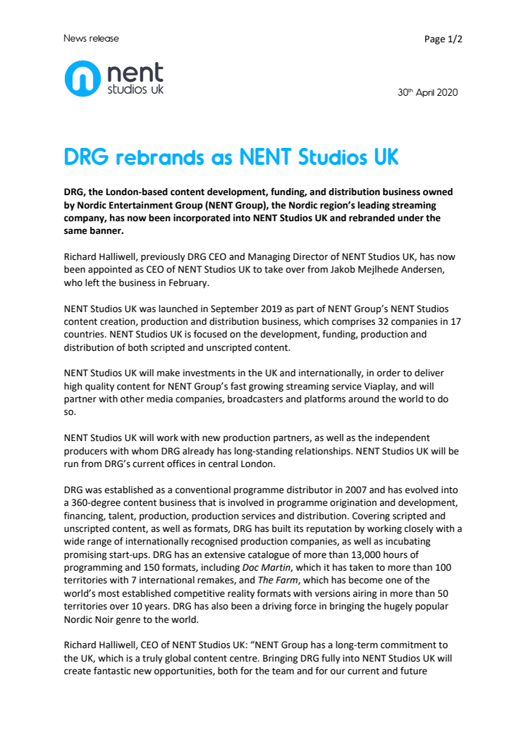 DRG rebrands as NENT Studios UK