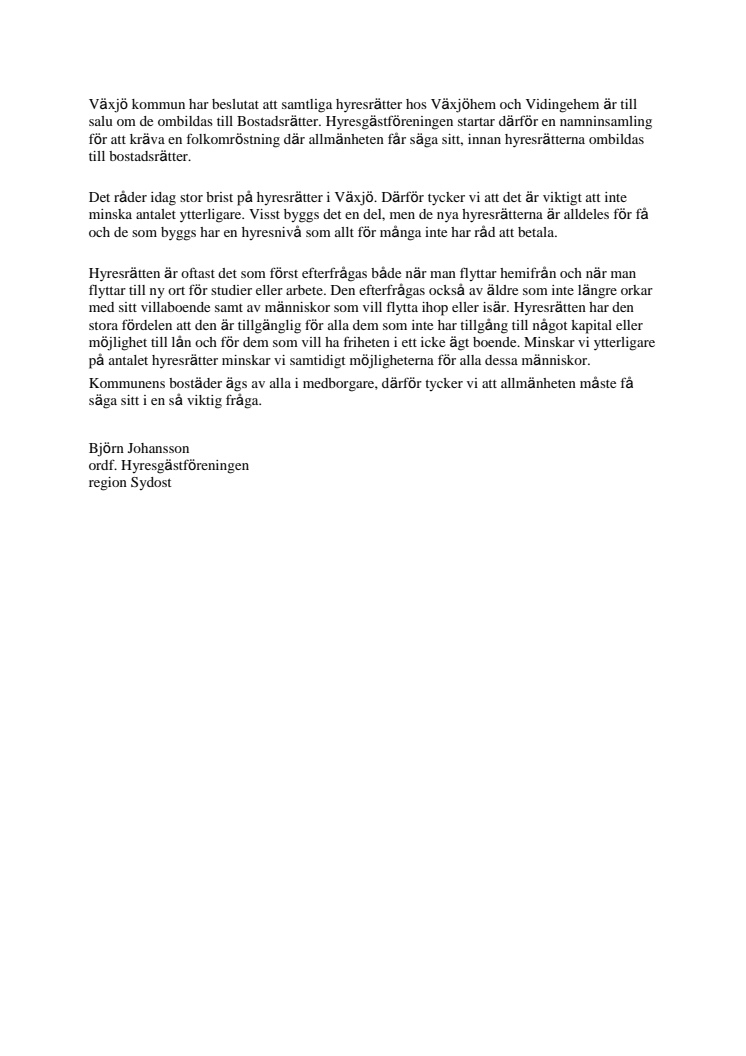 Vi kräver folkomröstning i Växjö