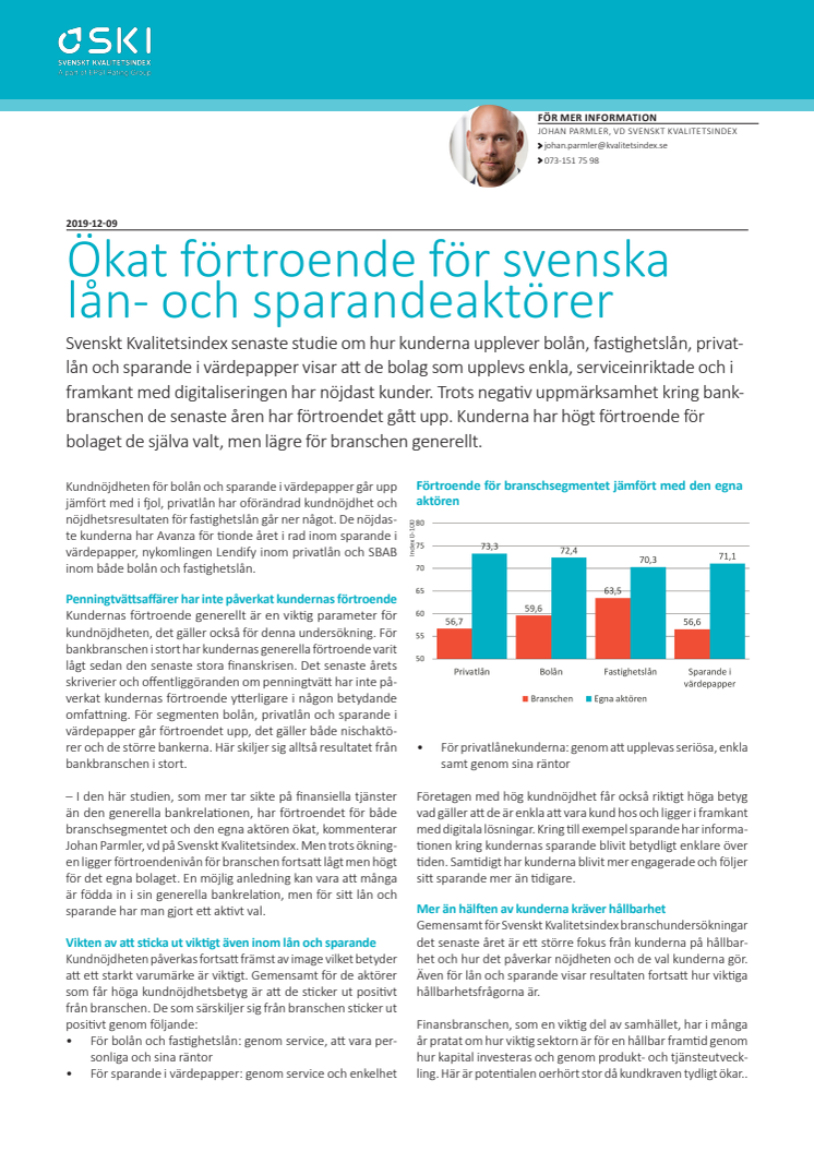 Ökat förtroende för svenska lån- och sparandeaktörer