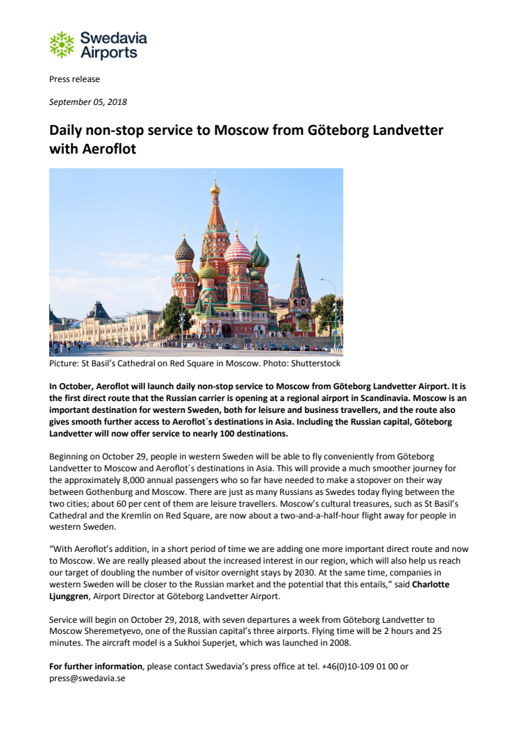 ​​Daily non-stop service to Moscow from Göteborg Landvetter with Aeroflot 