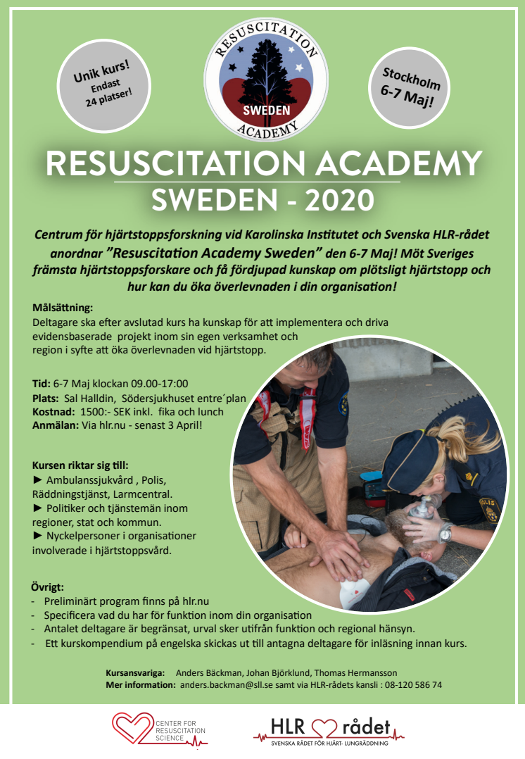 Unikt kurstillfälle:”Resuscitation Academy Sweden” Stockholm 6-7 Maj!