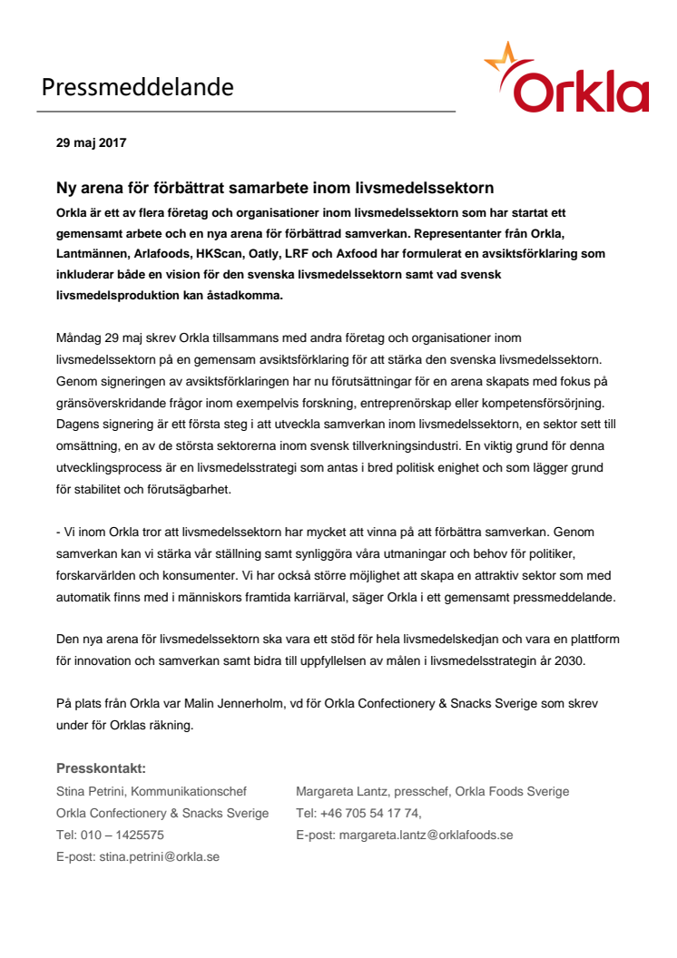 Ny arena för förbättrat samarbete inom livsmedelssektorn 