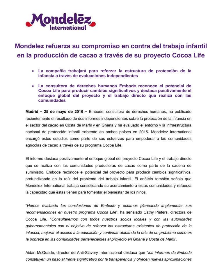 Mondelez refuerza su compromiso en contra del trabajo infantil  en la producción de cacao a través de su proyecto Cocoa Life