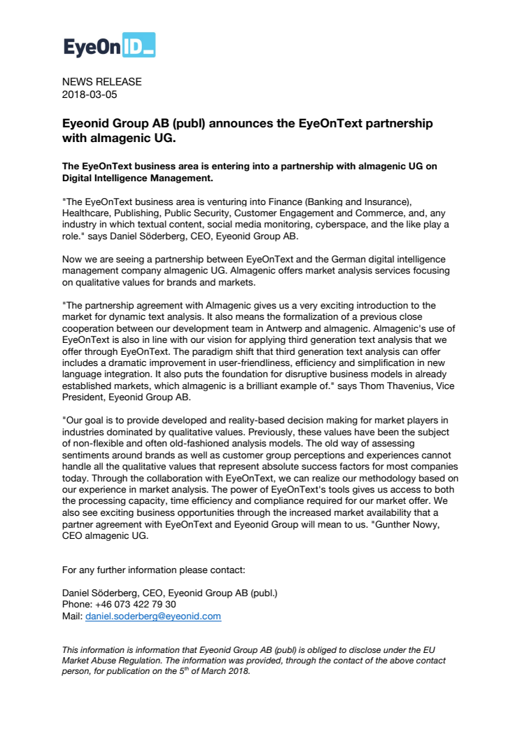 Eyeonid Group AB (publ) announces the EyeOnText partnership with almagenic UG
