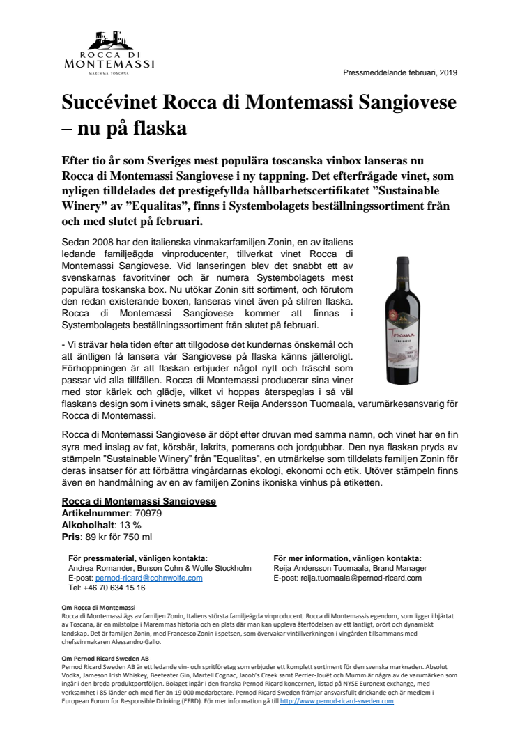 Succévinet Rocca di Montemassi Sangiovese – nu på flaska