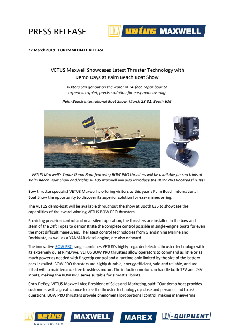 VETUS Maxwell Showcases Latest Thruster Technology with Demo Days at Palm Beach Boat Show