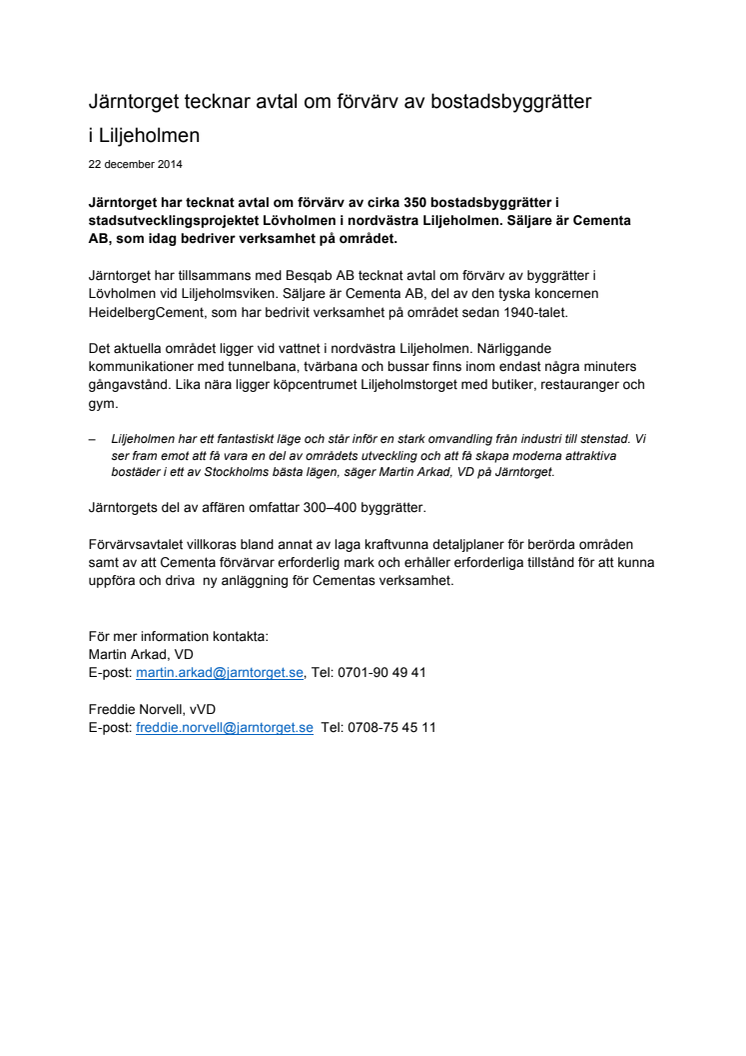 Järntorget tecknar avtal om förvärv av bostadsbyggrätter i Liljeholmen
