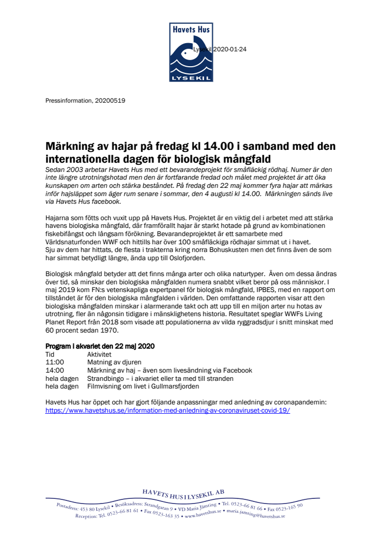 Märkning av hajar på fredag kl 14.00 i samband med den internationella dagen för biologisk mångfald