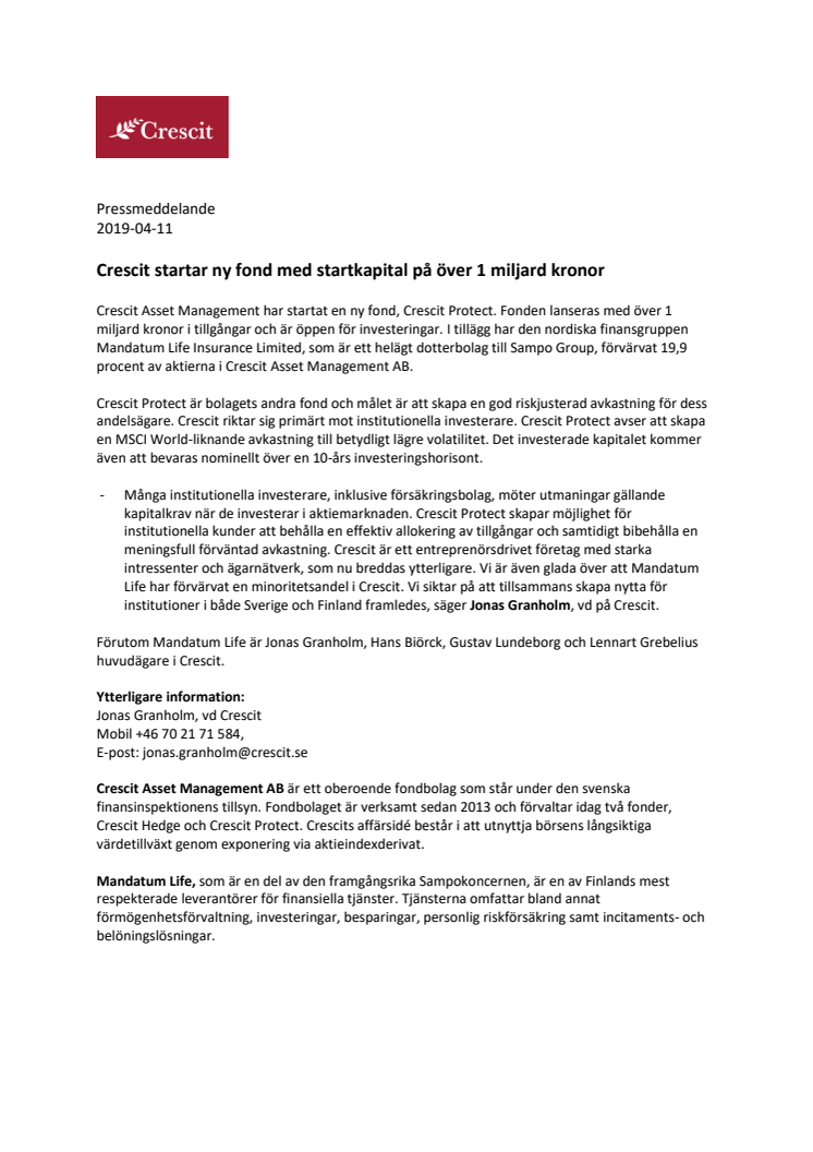 Crescit startar ny fond med startkapital på över 1 miljard kronor