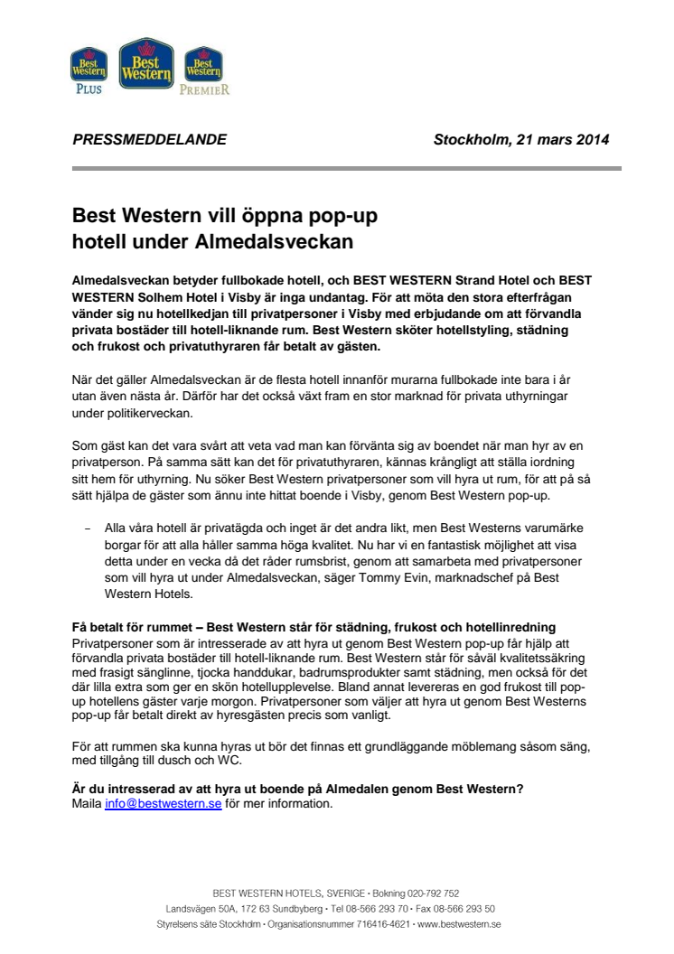 Best Western vill öppna pop-up hotell under Almedalsveckan