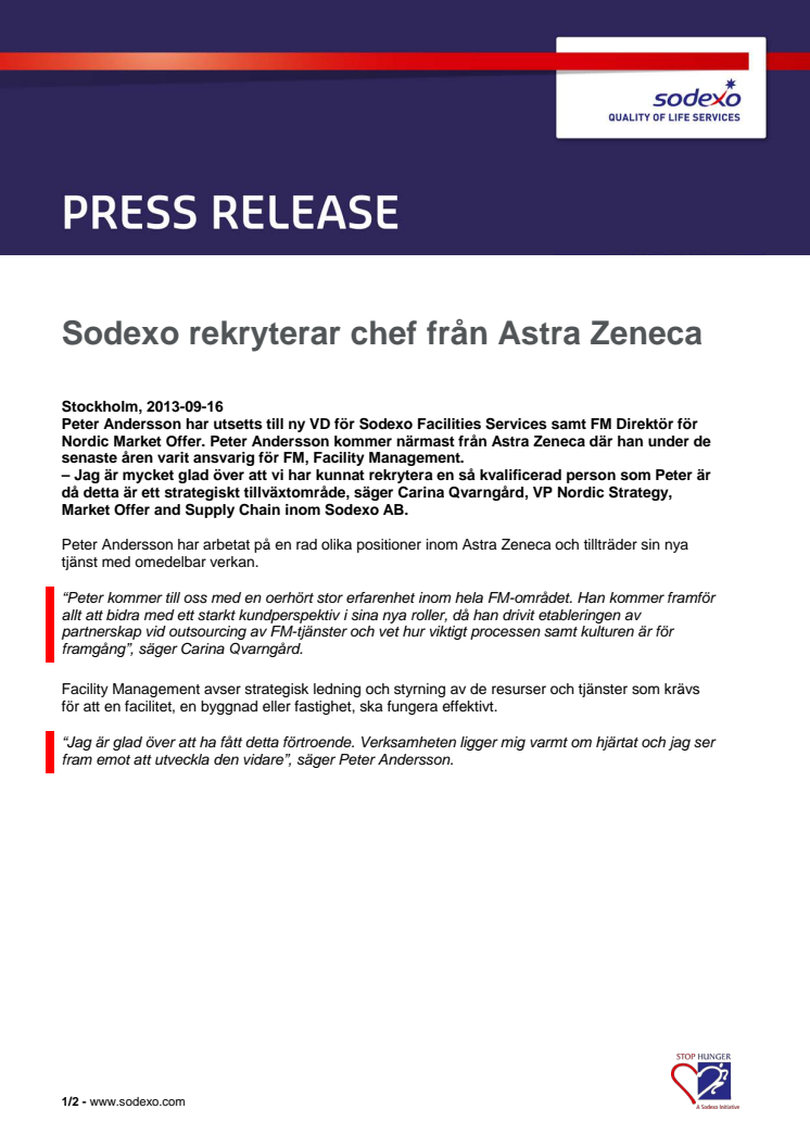 Sodexo rekryterar chef från Astra Zeneca