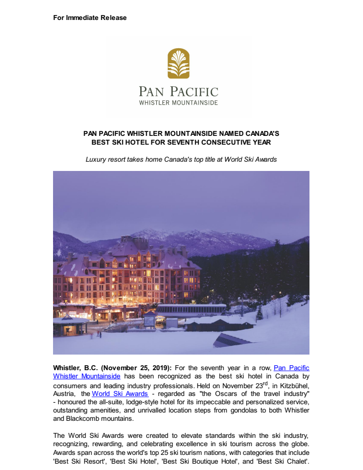 Pan Pacific Whistler Mountainside named Canada's Best Ski Hotel for 7th consecutive year