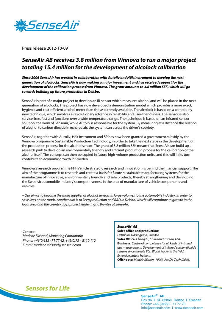 SenseAir AB receives 3.8 million from Vinnova to run a major project totaling 15.4 million for the development of alcolock calibration