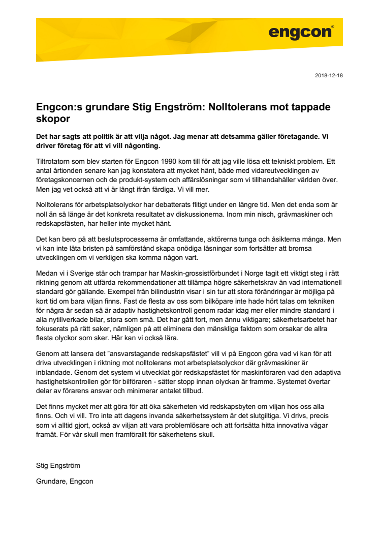Engcon:s grundare Stig Engström: Nolltolerans mot tappade skopor