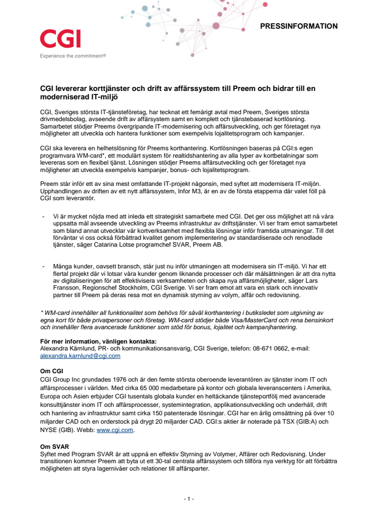 CGI levererar korttjänster och drift av affärssystem till Preem och bidrar till en moderniserad IT-miljö