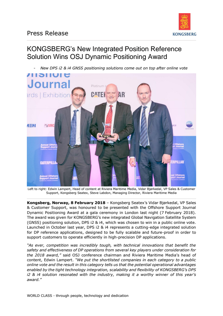 Kongsberg Maritime: KONGSBERG’s New Integrated Position Reference Solution Wins OSJ Dynamic Positioning Award