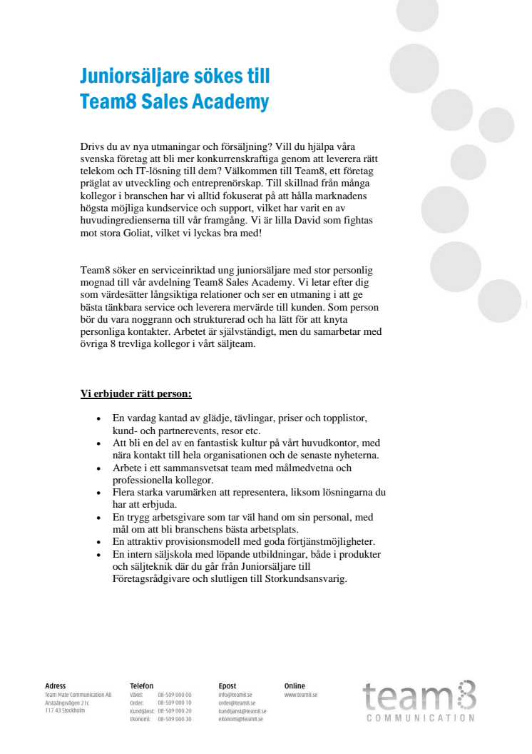 Juniorsäljare sökes till Team8 Sales Academy
