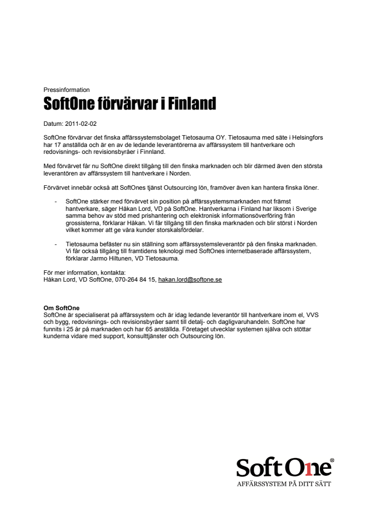SoftOne förvärvar i Finland