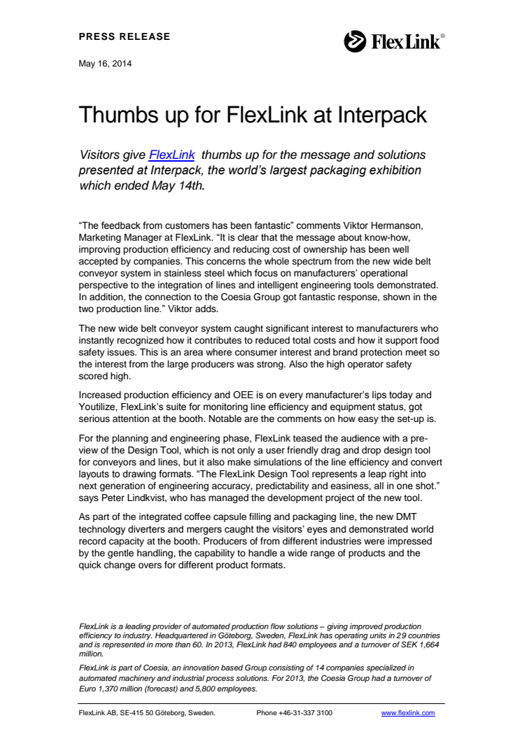 Thumbs up for FlexLink at Interpack
