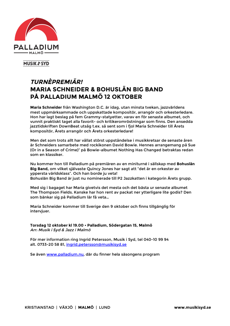 Turnépremiär! Maria Schneider & Bohuslän Big Band på Palladium Malmö 12 oktober