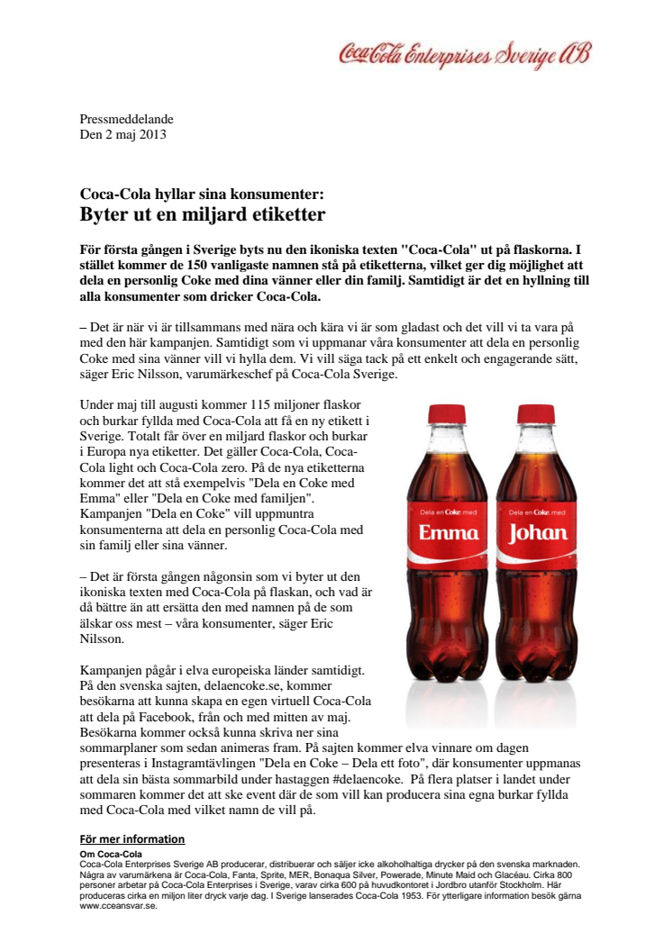 Coca-Cola hyllar sina konsumenter - Byter ut en miljard etiketter