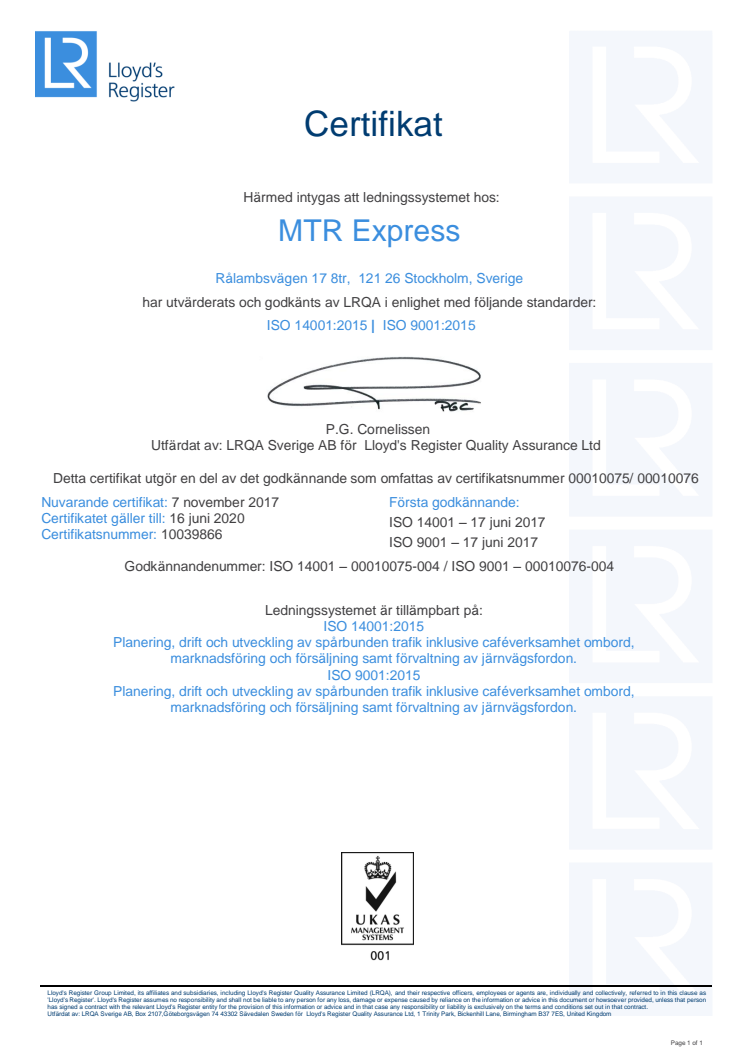 Certifikat MTR Express ISO 9001 + ISO 14001