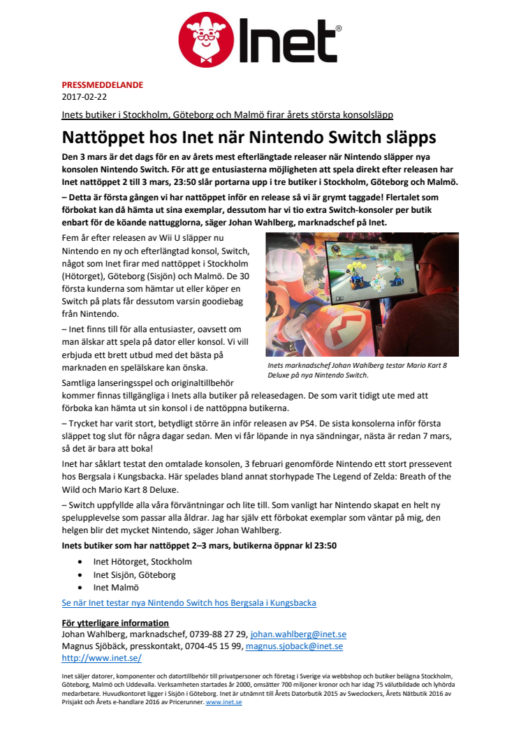 Nattöppet hos Inet när Nintendo Switch släpps 
