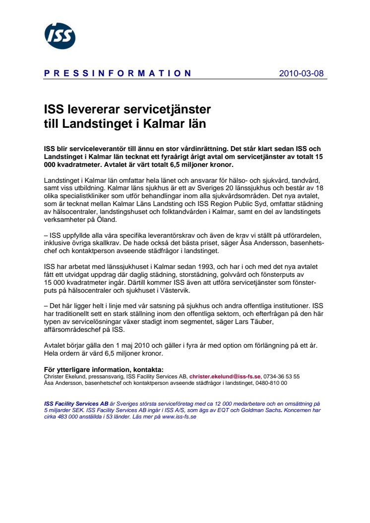 ISS levererar servicetjänster till Landstinget i Kalmar län