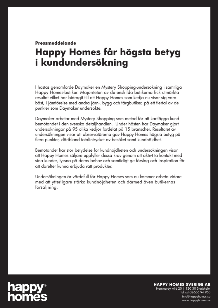 Happy Homes får högsta betyg i kundundersökning 